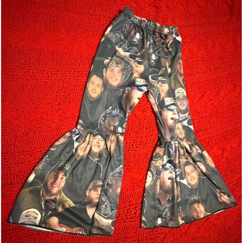 Luke Combs XS  Kids Bell Bottom Pants Country Music Fan Photo Print Flares - Picture 3 of 11